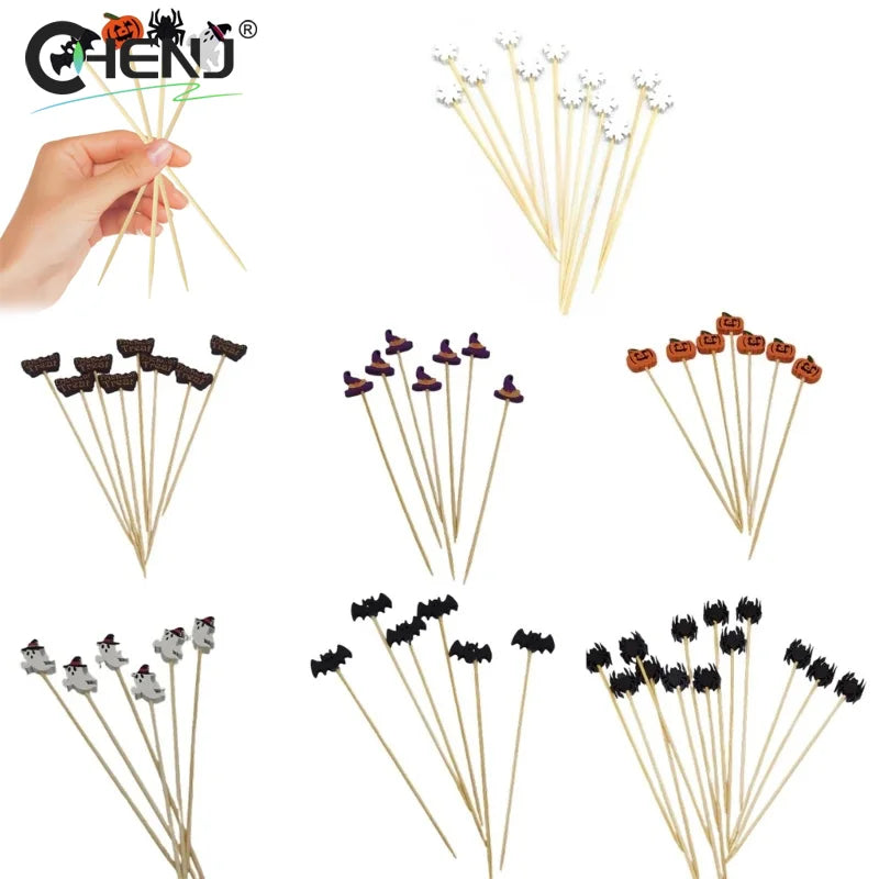 100 pz/set Zucca di Halloween Spiedini di Bambù Forchette da Frutta Buffet Dessert Stuzzicadenti Bastone da Cocktail Fantasma Pipistrello Decorazione
