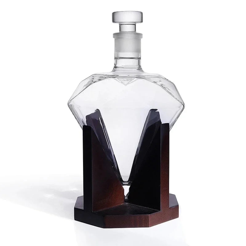 Bottiglia di vino con diamante in vetro con decanter per whisky da 1000 ml con supporto in legno Tappo ermetico Adatto a tutti i tipi di alcol Regalo