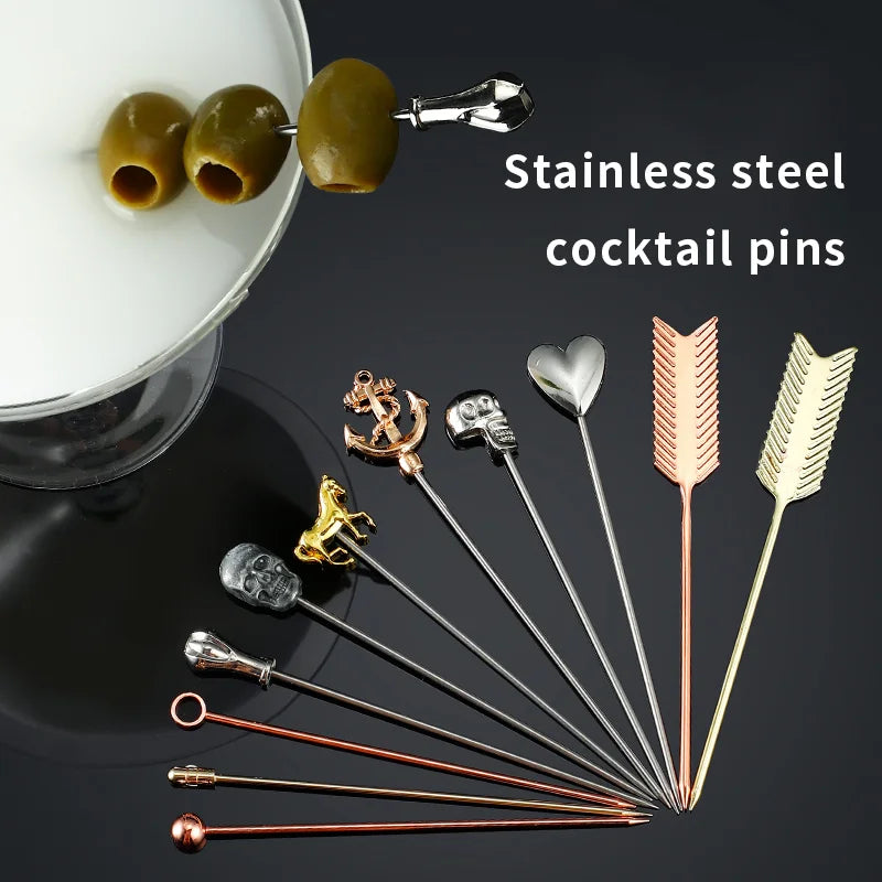 3 pezzi in acciaio inossidabile cocktail vino aghi plettri bastone riutilizzabili spiedini da cocktail in metallo olive antipasti bar festa di Natale