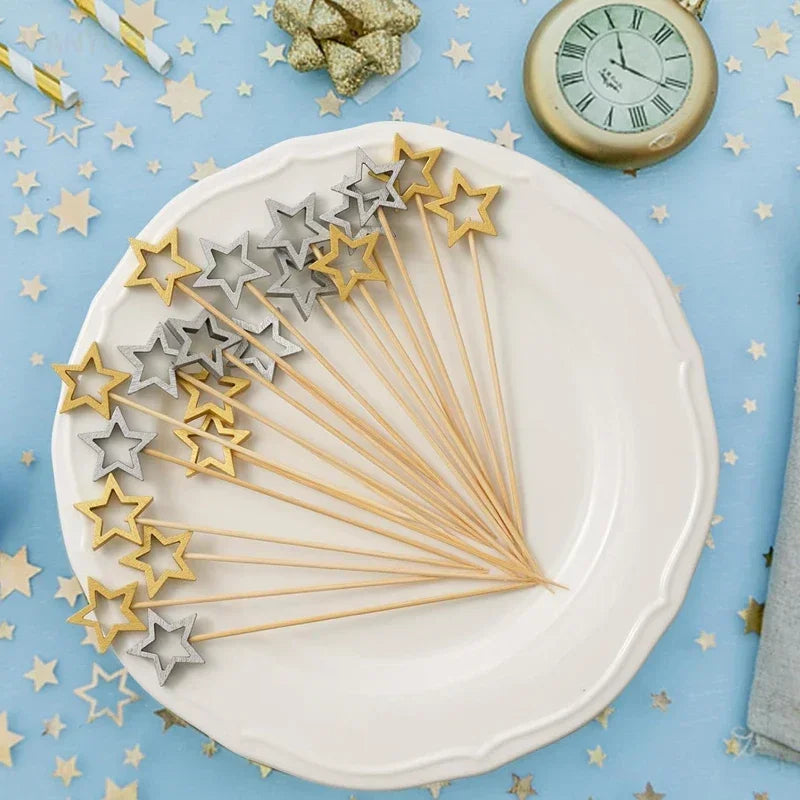 Pentagramma natalizio Bastoncino di bambù Oro Argento Plettri da cocktail Torta Stuzzicadenti decorativi Spiedini di frutta Forchette per la festa di Natale
