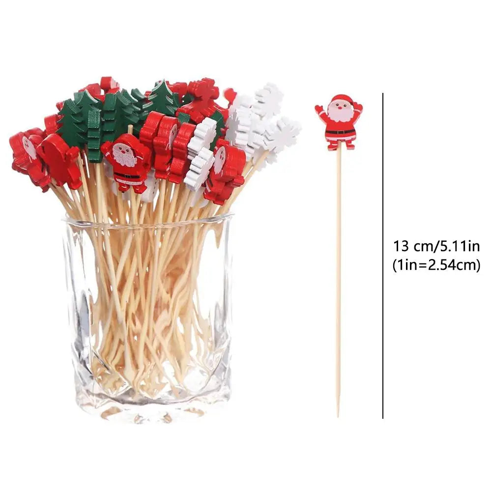 50 pz Natale Cocktail Picks Fiocchi di neve Alberi di Natale Renna Babbo Natale Pupazzo di neve Bastoncini di bambù usa e getta Forchetta da frutta