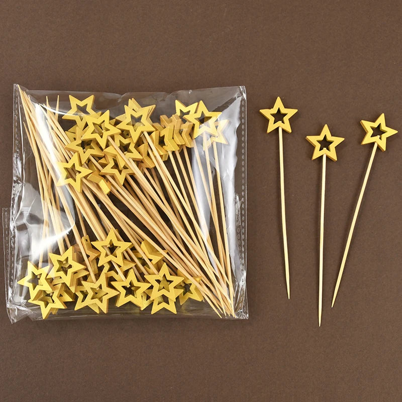 50/100PCS Stella D'oro Bastoni di Bambù Usa E Getta Natale Forchetta da Frutta in Legno Dessert Cocktail Picks Festa di Compleanno Buffet Stuzzicadenti