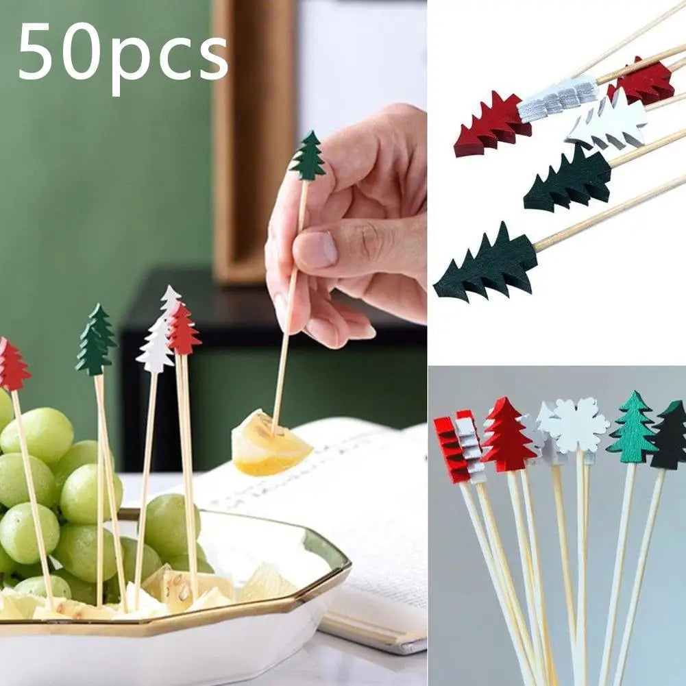 50 pz/set Natale Bambù Cocktail Picks Babbo Natale Fiocco di neve Frutta Dessert Cibo Stuzzicadenti Fornitura per feste di Natale