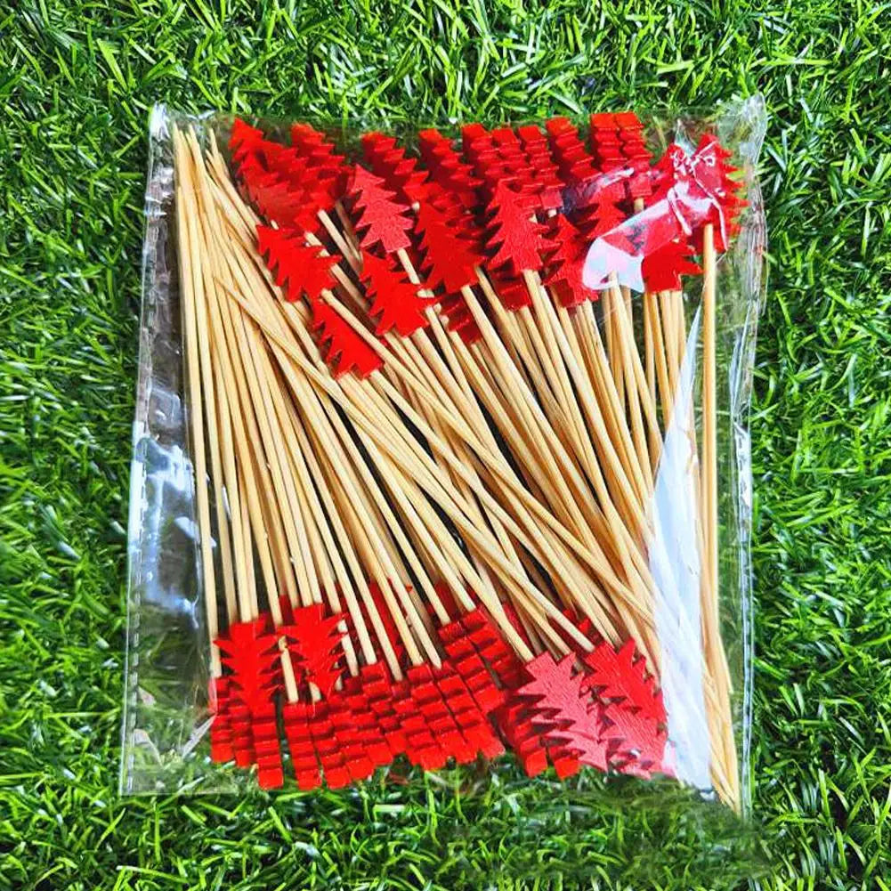 50 pz/set Natale Bambù Cocktail Picks Babbo Natale Fiocco di neve Frutta Dessert Cibo Stuzzicadenti Fornitura per feste di Natale