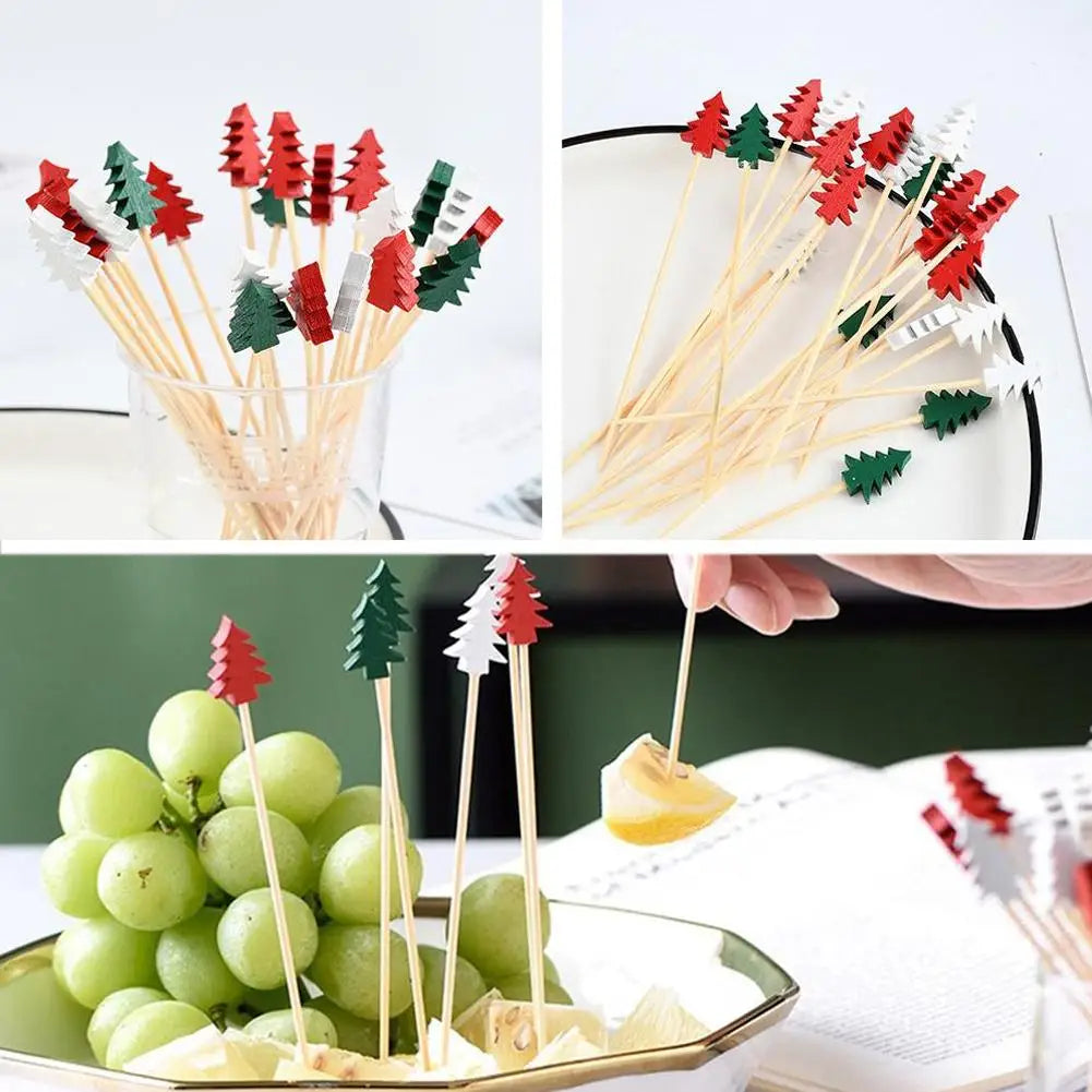 50 pz/set Natale Bambù Cocktail Picks Babbo Natale Fiocco di neve Frutta Dessert Cibo Stuzzicadenti Fornitura per feste di Natale