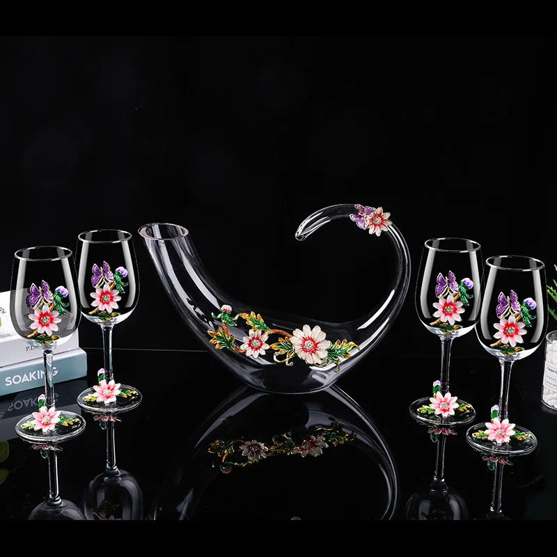 Decanter per tazze di vino rosso in vetro di cristallo smaltato a margherita Utensili per vino di lusso in vetro con piede alto per vino rosso