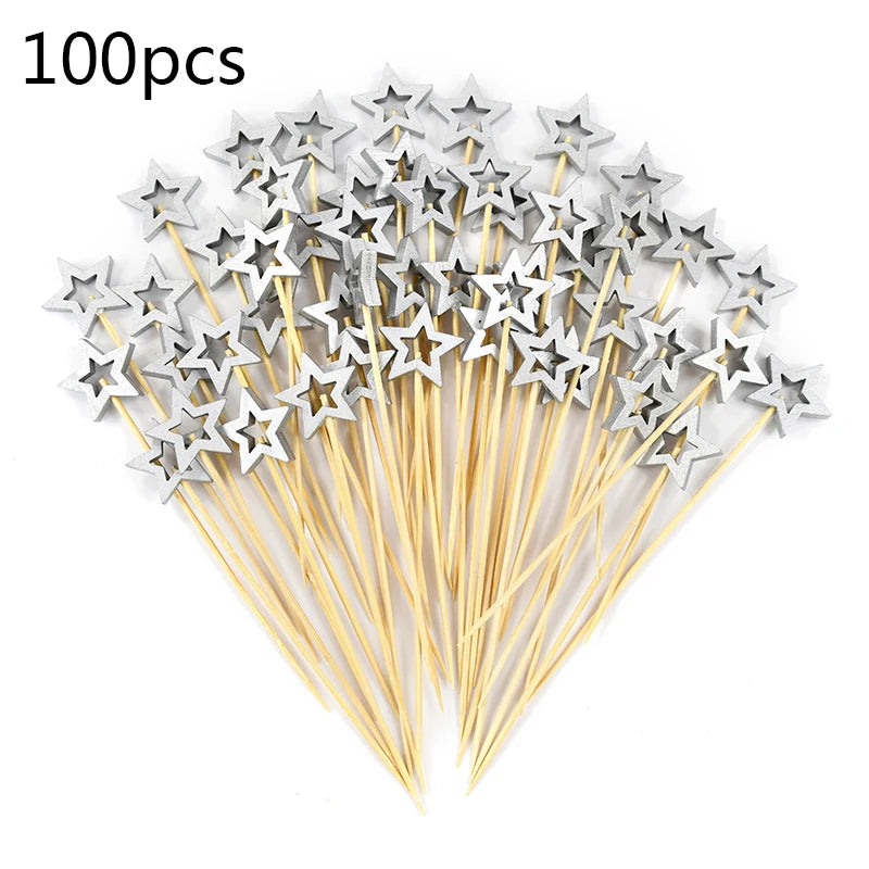 50/100PCS Stella D'oro Bastoni di Bambù Usa E Getta Natale Forchetta da Frutta in Legno Dessert Cocktail Picks Festa di Compleanno Buffet Stuzzicadenti