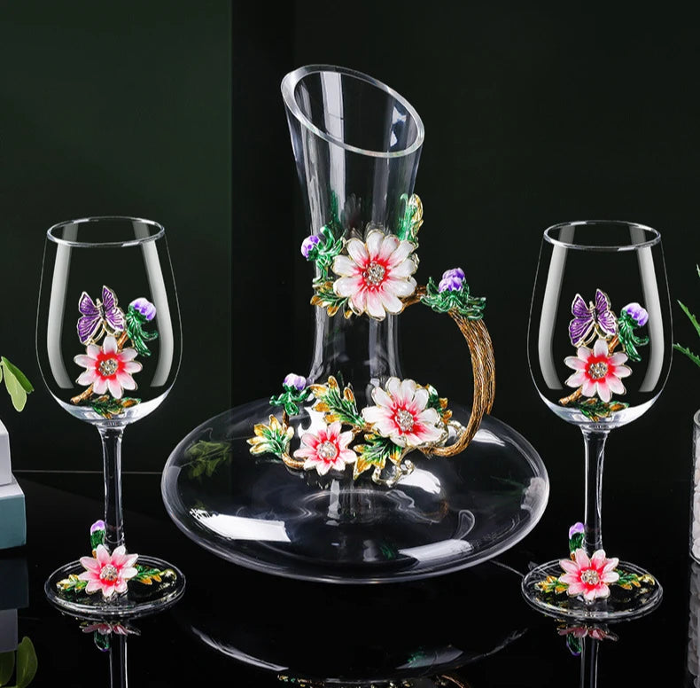 Decanter per tazze di vino rosso in vetro di cristallo smaltato a margherita Utensili per vino di lusso in vetro con piede alto per vino rosso