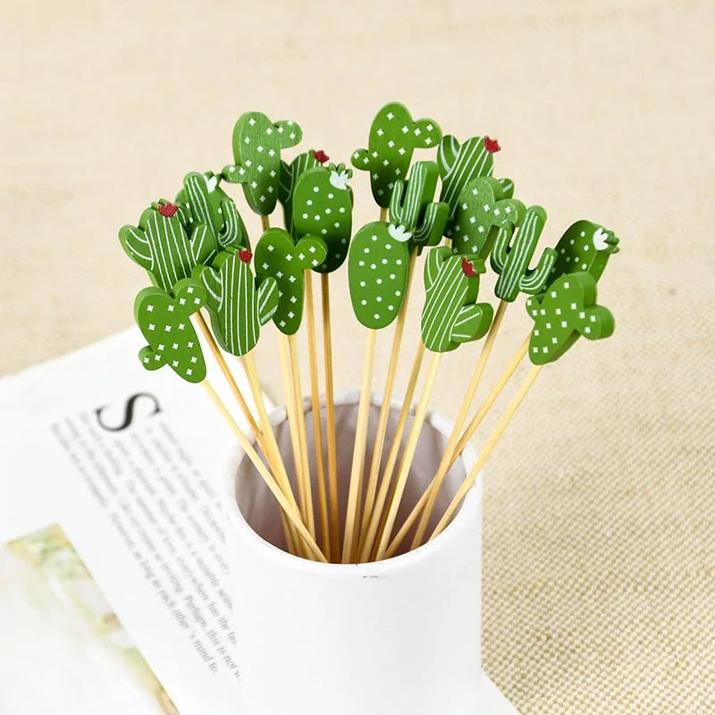 100 pz Cactus Flamingo Bambù Pick Buffet Cupcake Frutta Forchetta Cocktail Stuzzicadenti Spiedino Bar Dessert Insalata Bastone per la Decorazione di Nozze