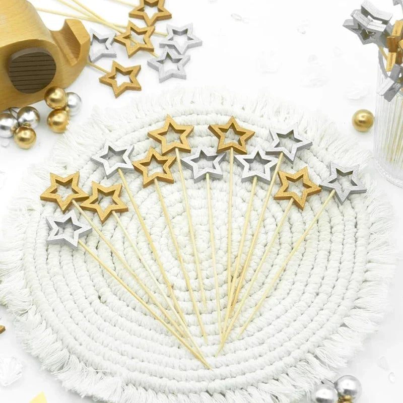 Pentagramma natalizio Bastoncino di bambù Oro Argento Plettri da cocktail Torta Stuzzicadenti decorativi Spiedini di frutta Forchette per la festa di Natale