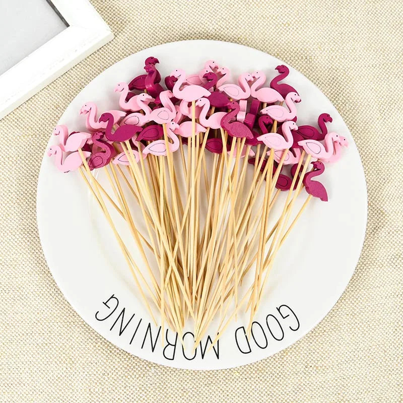 100 pz Cactus Flamingo Bambù Pick Buffet Cupcake Frutta Forchetta Cocktail Stuzzicadenti Spiedino Bar Dessert Insalata Bastone per la Decorazione di Nozze